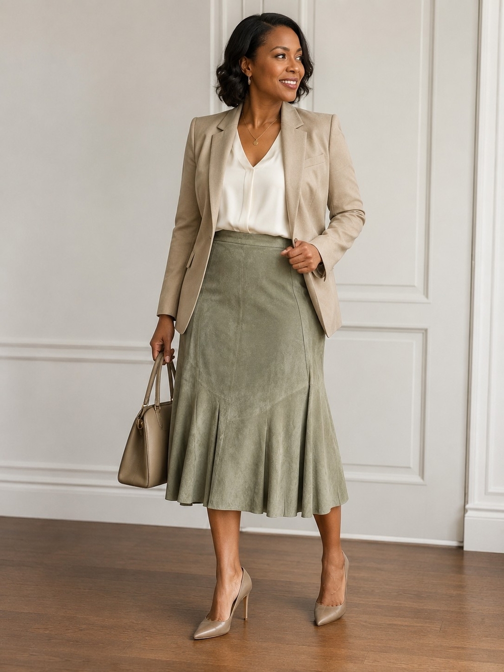 Chico's Sage Olive Green Suede Leather Midi Skirt - Size 1 (Medium)